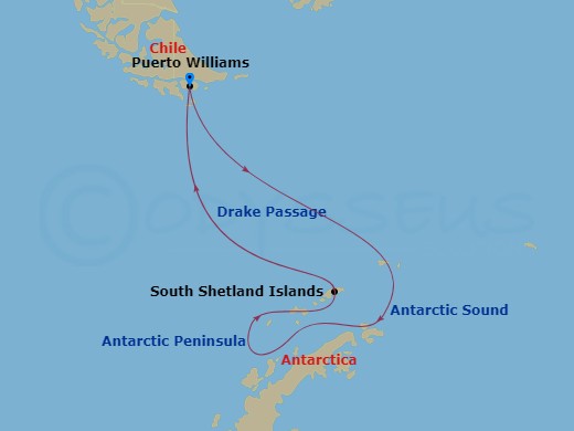 12 Night - Puerto Williams to Puerto Williams - Silver Cloud - Starting in Puerto Williams, Drake Passage, Antarctic Sound, Antarctic Peninsula, South of the Polar Circle, Antarctic Peninsula, South Shetland Islands, Drake Passage, Puerto Williams itinerary map