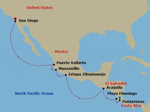 9 Night - The Americas & Caribbean - Crystal Serenity - Starting in Puntarenas, Playa Flamingo, Acajutla, Zihuatanejo, Manzanillo, Puerto Vallarta, San Diego itinerary map