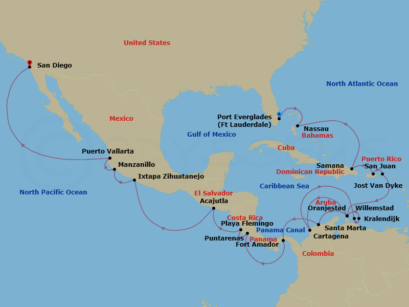 28 Night - The Americas & Caribbean - Crystal Serenity - Starting in Fort Lauderdale, Nassau (Paradise Island), Samana, San Juan, Jost Van Dyke, British Virgin Islands, Oranjestad, Aruba, Cartagena CO, Willemstad AN, Kralendijk, Oranjestad, Aruba, Santa Marta, Panama Canal Transit, Fuerte Amador (Panama City), Puntarenas, Playa Flamingo, Acajutla, Zihuatanejo, Manzanillo, Puerto Vallarta, San Diego itinerary map