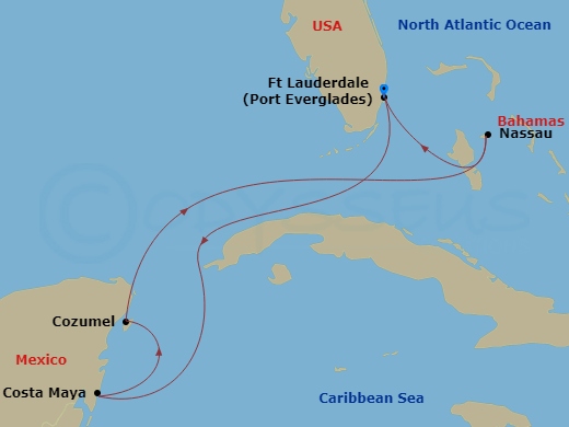 6 Night - Western Caribbean Cruise - Adventure of the Seas - Starting in Fort Lauderdale, Florida, Puerto Costa Maya, Mexico, Cozumel, Mexico, Nassau, Bahamas, Fort Lauderdale, Florida itinerary map