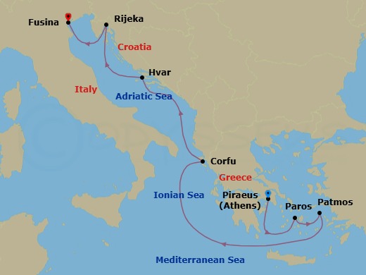 7 Night - A Journey of Lush Landscapes & Golden Enchantment - EXPLORA II - Starting in Piraeus (Athens), Paros, Patmos, Corfu, Hvar, Rijeka, Fusina (Venice) itinerary map