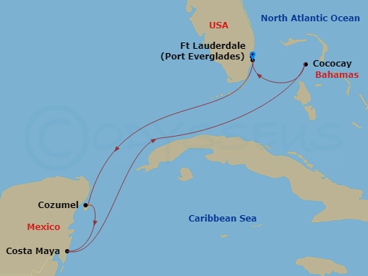 6 Night - Western Caribbean & Perfect Day - Adventure of the Seas - Starting in Fort Lauderdale, Florida, Cozumel, Mexico, Puerto Costa Maya, Mexico, Perfect Day Cococay, Bahamas, Fort Lauderdale, Florida itinerary map