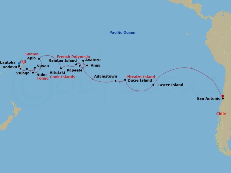 32 Night - Across Oceanic Cultures : Fiji to the Chilean Coast - Seabourn Pursuit - Starting in Lautoka, Fiji, Kadavu, Fiji, Vulaga, Fiji, Vavau, Tonga, Nukupule Island, Haapai Group, Tonga, Apia, Upolu, Samoa, Cross International Dateline, Aitutaki, Cook Islands, Raiatea, Society Islands, French Polynesia, Maroe Bay, Huahine Iti, French Polynesia, Papeete, French Polynesia, Anaa, French Polynesia, Avatoru, Rangiroa, French Polynesia, Adamstown, Pitcairn Island, Pitcairn, Ducie Island, Pitcairn, Easter Island, Chile, Juan Fernandez, San Antonio CL (Santiago), Chile itinerary map