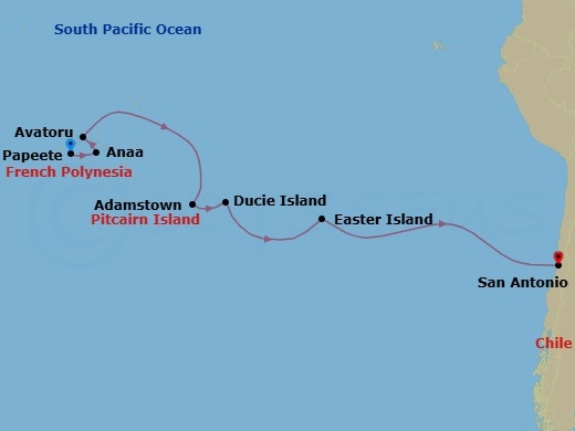 19 Night - Easter & Pitcairn Islands : Marooned, Moai & Mutineers - Seabourn Pursuit - Starting in Papeete, French Polynesia, Anaa, French Polynesia, Avatoru, Rangiroa, French Polynesia, Adamstown, Pitcairn Island, Pitcairn, Ducie Island, Pitcairn, Easter Island, Chile, Juan Fernandez, San Antonio CL (Santiago), Chile itinerary map
