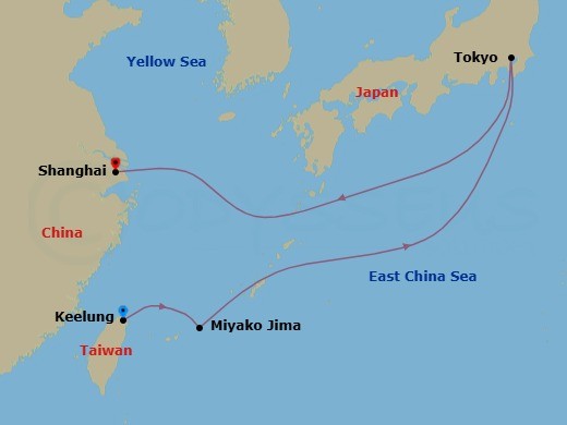 7 Night - Far East - MSC Bellissima - Starting in Keelung (Taipei) Taiwan, China, Miyako Island, Japan, Tokyo, Japan, Shanghai, China itinerary map