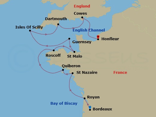 11 Night - Islands and Cities of the North Atlantic - Le Boreal - Starting in Bordeaux, Royan, Saint-Nazaire, Quiberon, Douarnenez, Roscoff, Saint-malo, Guernsey, Channel Islands, Isles of Scilly, Dartmouth, Cowes, Honfleur itinerary map