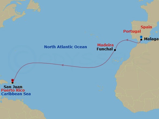 14 Night - Cruise from Malaga to San Juan - SeaDream II - Starting in Malaga, Funchal, Madeira, San Juan itinerary map