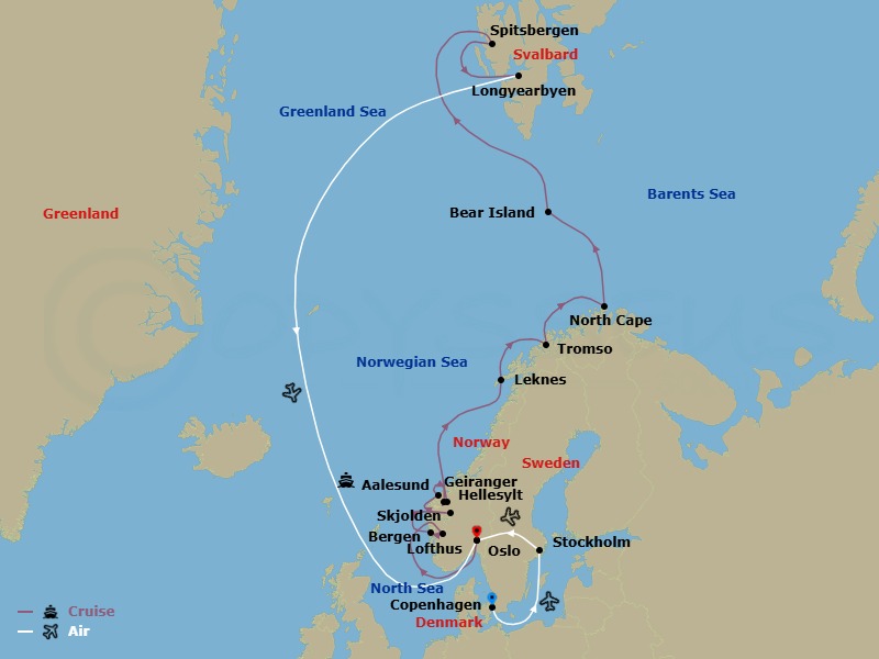 24 Night - Scandinavian Discovery & Arctic Wonders - Cruise & Land Journey - Scenic Eclipse - Starting in Copenhagen, Denmark, Copenhagen, Denmark / Stockholm, Sweden, Stockholm, Sweden, Stockholm, Sweden / Oslo, Norway, Oslo, Norway, Oslo / Lofthus, Norway, Lofthus / Bergen, Norway, Bergen, Norway, Skjolden, Norway, Alesund, Norway, Hellesylt, Norway / Geiranger, Norway, Leknes, Lofoten Islands, Norway, Tromso, Norway, Cruising North Cape, Bear Island, Svalbard, Spitsbergen, Svalbard, Longyearbyen, Svalbard / Oslo, Norway, Oslo, Norway itinerary map