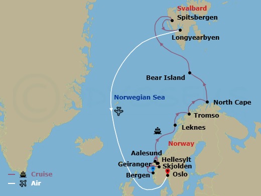 15 Night - Norwegian Fjords, Wildlife of Svalbard & the Arctic Circle - Scenic Eclipse - Starting in Bergen, Norway, Skjolden, Norway, Alesund, Norway, Hellesylt, Norway / Geiranger, Norway, Leknes, Lofoten Islands, Norway, Tromso, Norway, Cruising North Cape, Bear Island, Svalbard, Spitsbergen, Svalbard, Longyearbyen, Svalbard / Oslo, Norway, Oslo, Norway itinerary map