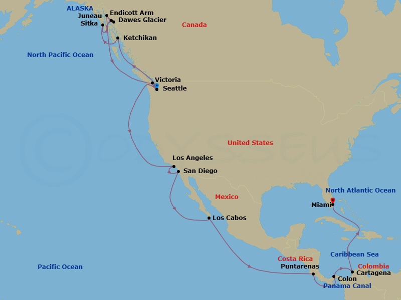 26 Night - Msc Grand Voyages - MSC Poesia - Starting in Seattle, Washington, Ketchikan, Alaska, Sitka, Alaska, Endicott Arm and Dawes Glacier, Juneau, Alaska, Victoria CA, Canada, Seattle, Washington, Los Angeles, San Diego, Cabo San Lucas, Mexico, Puntarenas (San Jose), Costa Rica, Cruising Panama Canal, Colon, Panama, Cartagena CO, Miami, Florida itinerary map
