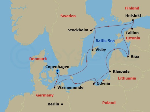 11 Night - Northern Europe - MSC Magnifica - Starting in Copenhagen, Denmark, Warnemunde (Berlin), Germany, Gdynia (Gdansk), Poland, Klaipeda, Lithuania, Riga, Latvia, Tallinn, Estonia, Helsinki, Finland, Stockholm, Sweden, Visby, Sweden, Copenhagen, Denmark itinerary map