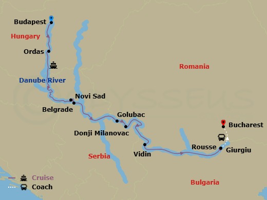 10 Night - Enchantment of Eastern Europe with Budapest and Bucharest - Emerald Sky - Starting in Budapest, Budapest / Ordas, Novi Sad, Belgrade, Golubac / Donji Milanovac, Vidin, Rousse, Giurgiu / Bucharest, Bucharest itinerary map