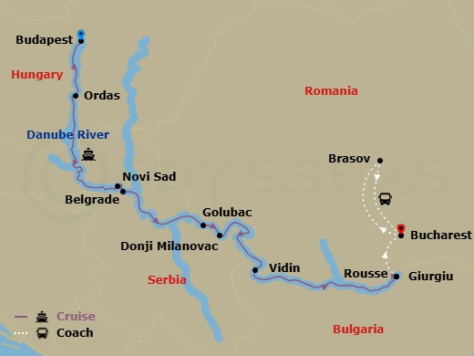 14 Night - Budapest Escape & Enchantment of Eastern Europe & Transylvania - Emerald Astra - Starting in Budapest, Budapest / Ordas, Novi Sad, Belgrade, Golubac / Donji Milanovac, Vidin, Rousse, Giurgiu / Bucharest, Bucharest / Brasov, Brasov, Brasov / Bucharest, Bucharest itinerary map