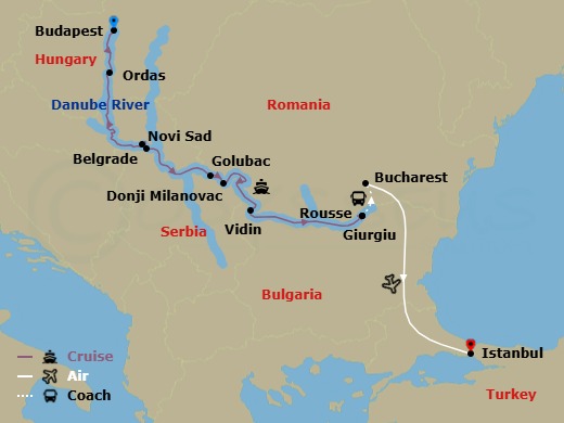 13 Night - Budapest Escape & Enchantment of Eastern Europe & Istanbul - Emerald Sky - Starting in Budapest, Budapest / Ordas, Novi Sad, Belgrade, Golubac / Donji Milanovac, Vidin, Rousse, Giurgiu / Bucharest, Bucharest / Istanbul, Istanbul itinerary map