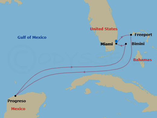 7 Night - Sisters at Sea - Resilient Lady - Starting in Miami, Florida, Freeport, Grand Bahama Island, Bahamas, Progreso, Mexico, The Beach Club at Bimini, Bahamas, Miami, Florida itinerary map