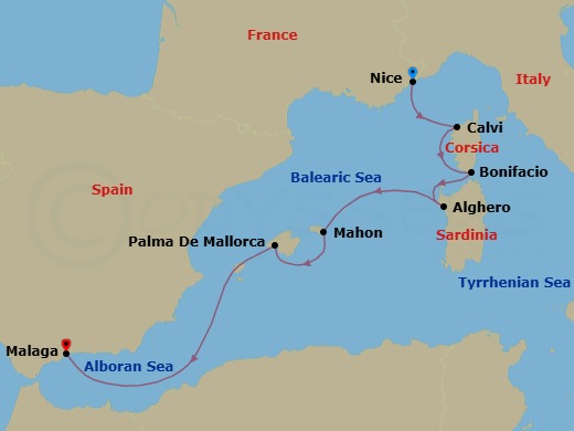7 Night - Cruise from Nice to Malaga - SeaDream II - Starting in Nice, Calvi, Corsica, Bonifacio, Corsica, Alghero, Sardinia, Mahon, Menorca, Balearic Islands, Palma de Mallorca, Balearic Islands, Malaga itinerary map