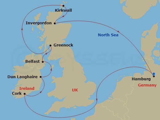 10 Night - Northern Europe - MSC Preziosa - Starting in Hamburg, Germany, Cork, Ireland, Dun Laoghaire / Dublin, Ireland, Belfast, United Kingdom, Greenock (Glasgow), United Kingdom, Kirkwall (Orkney Islands), United Kingdom, Invergordon, United Kingdom, Hamburg, Germany itinerary map
