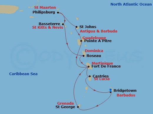 13 Night - South Caribbean - MSC World Europa - Starting in Bridgetown, Barbados, Saint Georges, Grenada, Fort-de-France, Martinique, Pointe-A-Pitre, Guadeloupe, St Johns AG, Antigua, Philipsburg, St Maarten, Basseterre, St Kitts and Nevis, Roseau, Dominica, Fort-de-France, Martinique, Pointe-A-Pitre, Guadeloupe, Castries, Santa Lucia, Bridgetown, Barbados itinerary map
