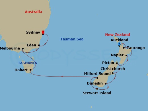 15 Night - New Zealand & Australia Cruise : Auckland, Hobart & Sydney - Azamara Quest - Starting in Auckland, Tauranga, Napier, Picton, Christchurch, Dunedin, Stewart Island, Milford Sound, Hobart, Tasmania, Melbourne, Eden, Sydney AU itinerary map