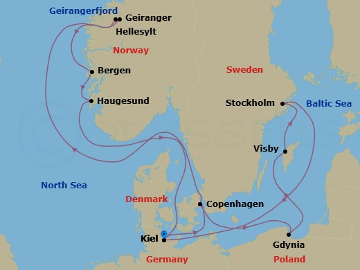 14 Night - Western Europe Roundtrip from Kiel - Costa Diadema - Starting in Kiel, Germany, Copenhagen, Denmark, Gdynia, Poland, Visby / Gotland, Stockholm, Sweden, Kiel, Germany, Copenhagen, Denmark, Hellesylt, Norway, Geiranger fjord, Geiranger, Norway, Bergen, Norway, Norwegian sea, Haugesund, Norway, Kiel, Germany itinerary map