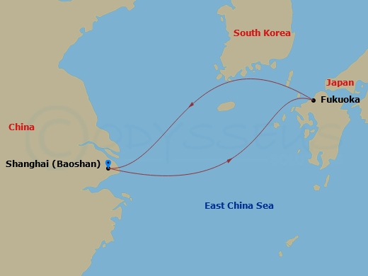 4 Night - Fukuoka Cruise - Spectrum of the Seas - Starting in Shanghai (Baoshan), China, Fukuoka, Japan, Shanghai (Baoshan), China itinerary map