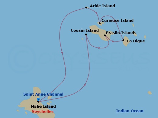 7 Night - Tropical Charms of the Seychelles - Emerald Kaia - Starting in Mahe Island / Sainte Anne Channel, Sainte Anne Channel / Cousin Island, Praslin Island, La Digue Island, Curieuse Island, Aride Island, Mahe Island itinerary map