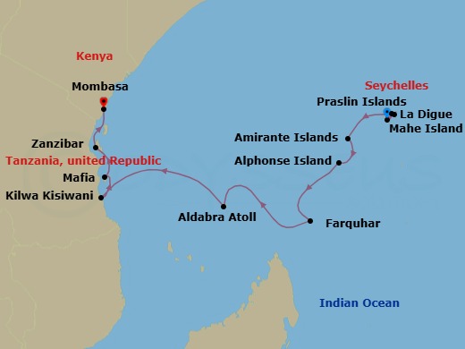 12 Night - Seychelles & Indian Ocean Adventure - Emerald Raiya - Starting in Mahe Island / La Digue Island, La Digue Island / Praslin Island, Seychelles, Amirante Islands, Seychelles, Alphonse Atoll, Seychelles, Farquhar Atoll, Seychelles, Aldabra Atoll, Seychelles, Aldabra Atoll, Seychelles / At Sea, Kilwa Kisiwani, Tanzania, Mafia Island, Tanzania, Zanzibar, Tanzania, Mombasa, Kenya itinerary map