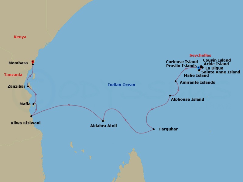 19 Night - Discover Seychelles, Tanzania and Kenya - Emerald Raiya - Starting in Mahe Island / Sainte Anne Island, Sainte Anne Island / Cousin Island / Praslin Island, Praslin Island, La Digue Island / Curieuse Island, Curieuse Island, Aride Island, Mahe Island, La Digue Island / Praslin Island, Seychelles, Amirante Islands, Seychelles, Alphonse Atoll, Seychelles, Farquhar Atoll, Seychelles, Aldabra Atoll, Seychelles, Aldabra Atoll, Seychelles / At Sea, Kilwa Kisiwani, Tanzania, Mafia Island, Tanzania, Zanzibar, Tanzania, Mombasa, Kenya itinerary map