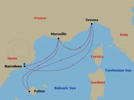 7 Night - Southern Europe Roundtrip from Barcelona - Costa Diadema - Starting in Barcelona, Spain, Marseille, France, Savona, Italy, Palma De Mallorca, Spain, Marseille, France, Savona, Italy, Barcelona, Spain itinerary map