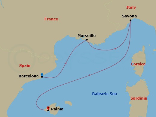 4 Night - Southern Europe from Barcelona to Palma De Mallorca - Costa Diadema - Starting in Barcelona, Spain, Marseille, France, Savona, Italy, Palma De Mallorca, Spain itinerary map
