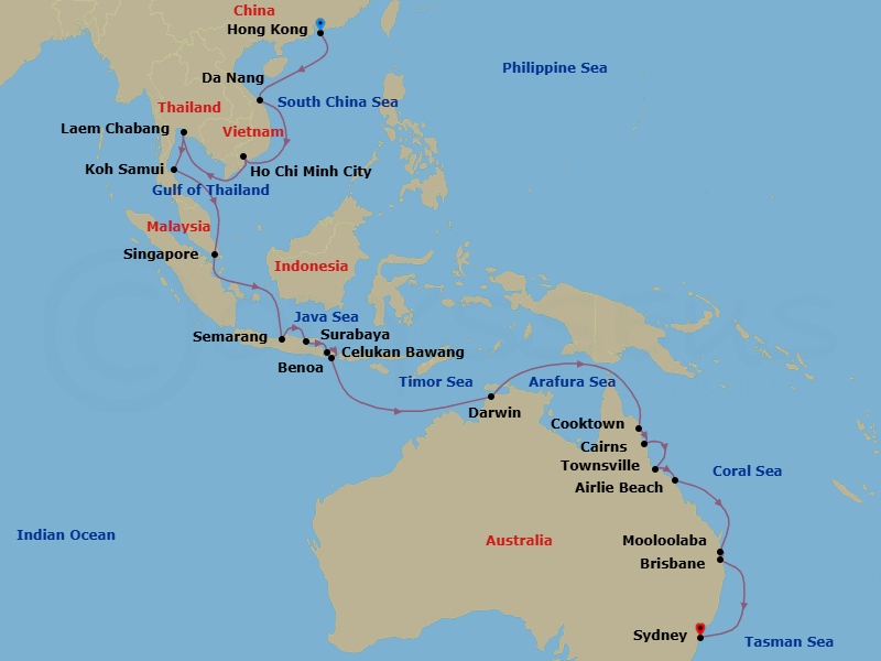 34 Night - Vietnam, Indonesia & Australia Combination Cruise : Ha Long Bay, Bali & Brisbane - Azamara Pursuit - Starting in Hong Kong, Ha Long Bay, Hue (Da Nang), Ho Chi Minh City, Bangkok (Laem Chabang), Koh Samui, Singapore, Semarang, Surabaya, Celukan, Bawang, Bali, Benoa, Bali, Darwin, Cooktown, Cairns, Townsville, Airlie Beach, Queensland, Mooloolaba, Queensland, Brisbane, Sydney AU itinerary map