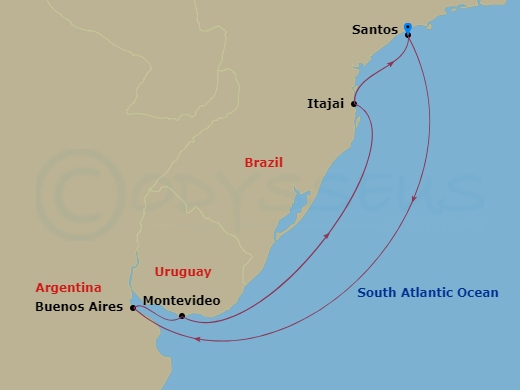 7 Night - South America Roundtrip from Santos - Costa Diadema - Starting in Santos / Sao Paulo, Buenos Aires, Argentina, Montevideo, Uruguay, Itajai, Brazil, Santos / Sao Paulo itinerary map