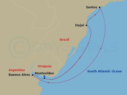 7 Night - South America Roundtrip from Montevideo - Costa Diadema - Starting in Montevideo, Uruguay, Itajai, Brazil, Santos / Sao Paulo, Buenos Aires, Argentina, Montevideo, Uruguay itinerary map
