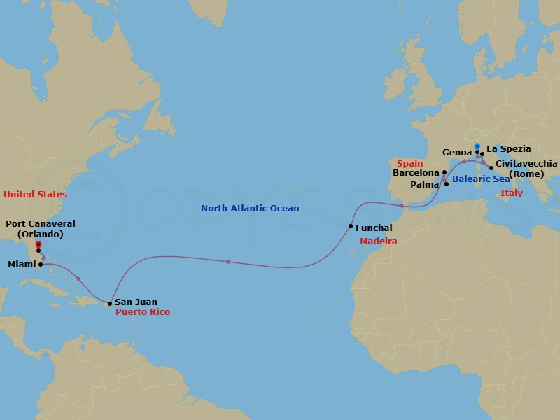 19 Night - Msc Grand Voyages - MSC Grandiosa - Starting in Genoa (Portofino), Italy, La Spezia (Cinque Terre), Italy, Civitavecchia (Rome), Italy, Palma De Mallorca (Balearic Islands), Spain, Barcelona, Spain, Funchal (Madeira Islands), Portugal, San Juan Porto Rico, Miami, Florida, Port Canaveral (Orlando), Florida itinerary map