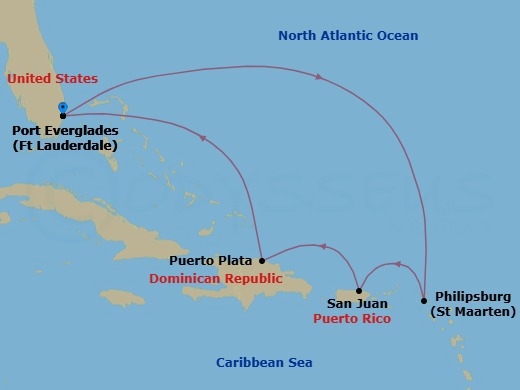 7 Night - St. Maarten & Puerto Plata Holiday - Celebrity Xcel - Starting in Fort Lauderdale, Florida, Philipsburg, St Maarten, San Juan, Puerto Rico, Puerto Plata, Dominican Republic, Fort Lauderdale, Florida itinerary map