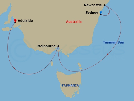 6 Night - Southern Australia Explorer - Crown Princess - Starting in Sydney AU, Newcastle AU, Melbourne, Australia, Adelaide, Australia itinerary map