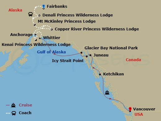 15 Night - National Parks Expedition - Tour Wb8 - Discovery Princess Tours - Starting in Fairbanks, Denali Princess Wilderness Lodge, Mount Mckinley Princess Wilderness Lodge, Copper River Princess Wilderness Lodge, Kenai Princess Wilderness Lodge, Anchorage (Whittier), Alaska, Hubbard Glacier (Scenic Cruising), Alaska, Glacier Bay National Park (Scenic Cruising), Alaska, Icy Strait Point, Alaska, Juneau, Alaska, Ketchikan, Alaska, Vancouver, Canada itinerary map