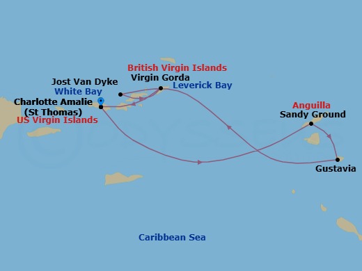 6 Night - Cruise Roundtrip from St Thomas (Charlotte Amalie) - SeaDream II - Starting in Charlotte Amalie, St Thomas, Sandy Ground, Gustavia, White Bay, Jost van Dyke, Spanish Town, Virgin Gorda, Leverick Bay, Virgin Gorda, Charlotte Amalie, St Thomas itinerary map
