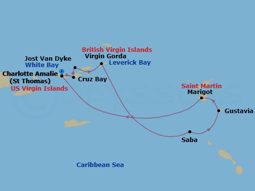 7 Night - Cruise Roundtrip from St Thomas (Charlotte Amalie) - SeaDream II - Starting in Charlotte Amalie, St Thomas, St John VI (Cruz Bay), US Virgin Islands, White Bay, Jost van Dyke, Spanish Town, Virgin Gorda, Leverick Bay, Virgin Gorda, Saba, Gustavia, Marigot, Charlotte Amalie, St Thomas itinerary map