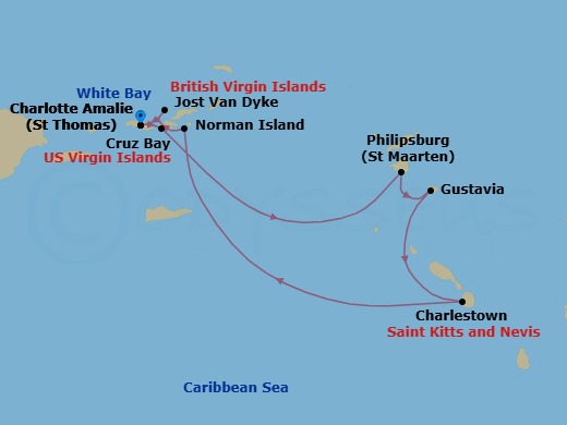 7 Night - Cruise Roundtrip from St Thomas (Charlotte Amalie) - SeaDream II - Starting in Charlotte Amalie, St Thomas, St John VI (Cruz Bay), US Virgin Islands, Philipsburg, Gustavia, Charlestown, Nevis, Norman Island, White Bay, Jost van Dyke, Charlotte Amalie, St Thomas itinerary map