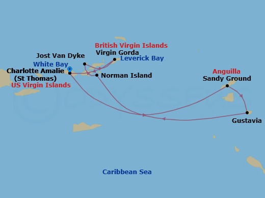 7 Night - Cruise Roundtrip from St Thomas (Charlotte Amalie) - SeaDream II - Starting in Charlotte Amalie, St Thomas, South Friars Bay, Sandy Ground, Gustavia, Norman Island, White Bay, Jost van Dyke, Spanish Town, Virgin Gorda, Leverick Bay, Virgin Gorda, Charlotte Amalie, St Thomas itinerary map