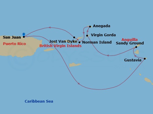 9 Night - Cruise Roundtrip from San Juan - SeaDream I - Starting in San Juan, Gustavia, Sandy Ground, Spanish Town, Virgin Gorda, Leverick Bay, Virgin Gorda, Anegada, Norman Island, White Bay, Jost van Dyke, San Juan itinerary map