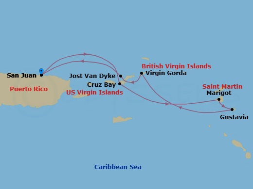 6 Night - Cruise Roundtrip from San Juan - SeaDream I - Starting in San Juan, St John VI (Cruz Bay), US Virgin Islands, Marigot, Gustavia, Spanish Town, Virgin Gorda, Leverick Bay, Virgin Gorda, White Bay, Jost van Dyke, San Juan itinerary map