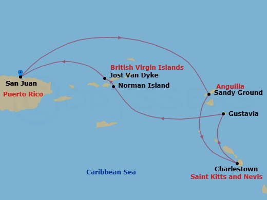 7 Night - Cruise Roundtrip from San Juan - SeaDream I - Starting in San Juan, Sandy Ground, Charlestown, Nevis, Gustavia, Norman Island, White Bay, Jost van Dyke, San Juan itinerary map