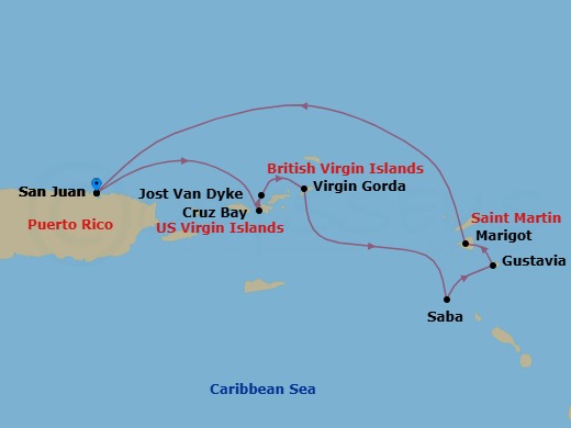 7 Night - Cruise Roundtrip from San Juan - SeaDream I - Starting in San Juan, St John VI (Cruz Bay), US Virgin Islands, White Bay, Jost van Dyke, Spanish Town, Virgin Gorda, Leverick Bay, Virgin Gorda, Saba, Gustavia, Marigot, San Juan itinerary map