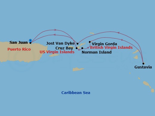 7 Night - Cruise Roundtrip from San Juan - SeaDream I - Starting in San Juan, St John VI (Cruz Bay), US Virgin Islands, Norman Island, Spanish Town, Virgin Gorda, Leverick Bay, Virgin Gorda, Gustavia, White Bay, Jost van Dyke, Trellis Bay, Beef Island, San Juan itinerary map