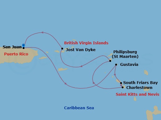 7 Night - Cruise Roundtrip from San Juan - SeaDream I - Starting in San Juan, Gustavia, South Friars Bay, Charlestown, Nevis, Philipsburg, Simpson Bay, White Bay, Jost van Dyke, San Juan itinerary map