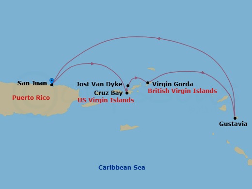 7 Night - Cruise Roundtrip from San Juan - SeaDream I - Starting in San Juan, St John VI (Cruz Bay), US Virgin Islands, White Bay, Jost van Dyke, Spanish Town, Virgin Gorda, Leverick Bay, Virgin Gorda, Gustavia, San Juan itinerary map