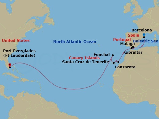 15 Night - Western Europe Passage - Sun Princess - Starting in Barcelona, Spain, Malaga, Spain, Gibraltar, Lanzarote (Arrecife), Canary Islands, Santa Cruz de Tenerife, Madeira (Funchal), Portugal, Fort Lauderdale, Florida itinerary map