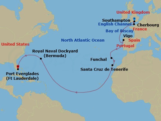 15 Night - Western Europe Passage - Sky Princess - Starting in Southampton (for London), England, Cherbourg, France, Vigo, Spain (for Santiago de Compostela), Madeira (Funchal), Portugal, Santa Cruz de Tenerife, Bermuda, Fort Lauderdale, Florida itinerary map
